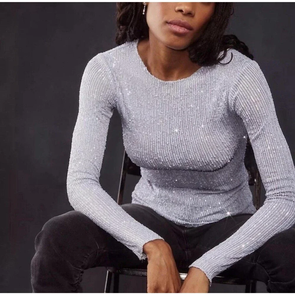 Intimately Free People Womens Gold Rush Sequins Long Sleeve Glam Top M Lavender
